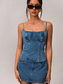 Forever 21 女士休闲优雅度假牛仔吊带背心，春季 - 中等水洗藍 - 查看 4