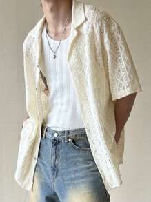 DAZY Men's Geometric Pattern Textured Fabric Apricot Color Casual Beach Vacation Shirt, Summer