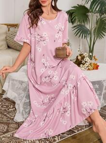 Serenescape 泡泡荷叶边下摆花卉印花长款睡袍娃娃装 Luxeloungewear, Moo Moo - 彩色 - 查看 4