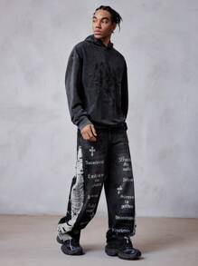 ROMWE MEN Street Life Jeans anchos con estampado de letras desgastados con bolsillo para hombre - Negro - Ver 2