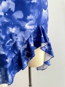 Soleia Women's Vacation Tie Dye Blue Floral Print Surplice Neck Backless Cross Tie Waist Ruched Asymmetric Hem Ruffle Hem Dress, Party, Date, Valentine's Day, City Street, Wear As Outerwear & Innerwear