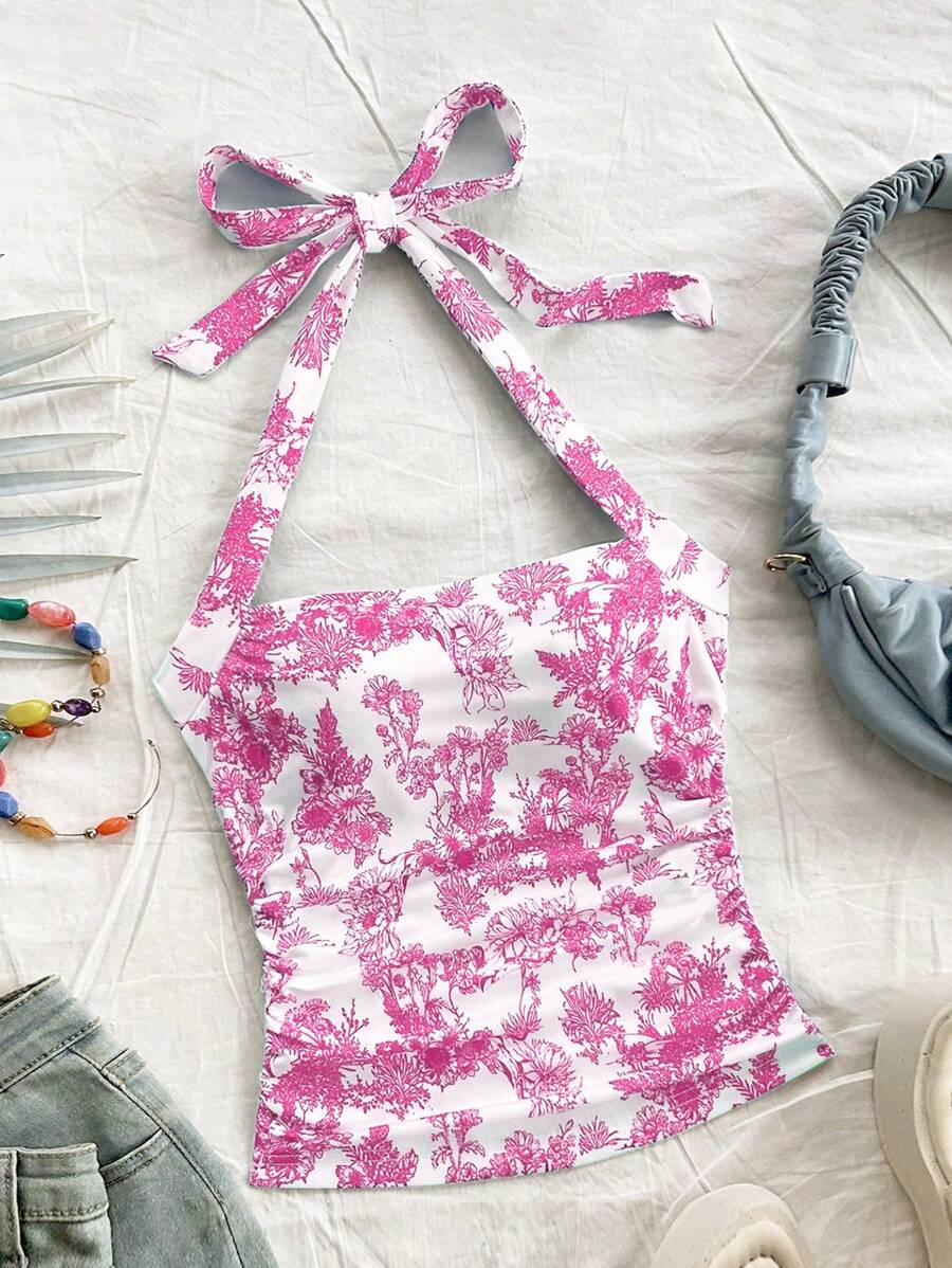 Soleia Women's Vacation Racerback Tank Top With Halter, White & Print - Pink - View 1