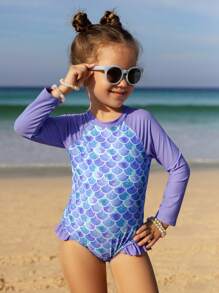 Traje de baño de una pieza con mangas largas con volantes y estampado de escamas de sirena para niñas, para playa de verano - Multicolor - Ver 3