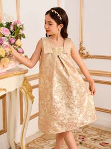 青少年女孩连衣裙 - 无袖领口金色锦缎斋月斋月长袍，适合模特青少年女孩，将俏皮优雅的设计与奢华的面料相结合，花童连衣裙 - 金色 - 查看 5