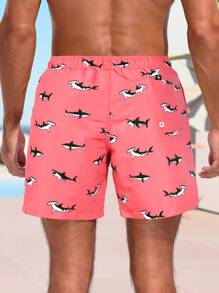 Manfinity KASUA 男士抽绳口袋全印花休闲短裤，适合休闲度假，夏威夷风 - 珊瑚粉 - 查看 2