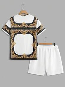 Manfinity Homme Męski graficzny nadruk, okrągły dekolt, krótki rękaw, top i spodenki, swobodny strój