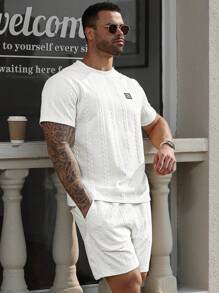 Manfinity Homme Plus Size Men's Round Neck Short Sleeve Casual Top And Shorts Set - Apricot - View 4