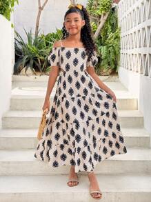 SHEIN 少女度假时尚露肩镂空腰部碎花连衣裙