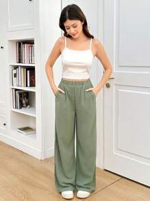 3pcs Teen Girl Green Casual Campus Style Loose Shirt, Tank Top And Pants Set Holiday Outfits - Green - View 12