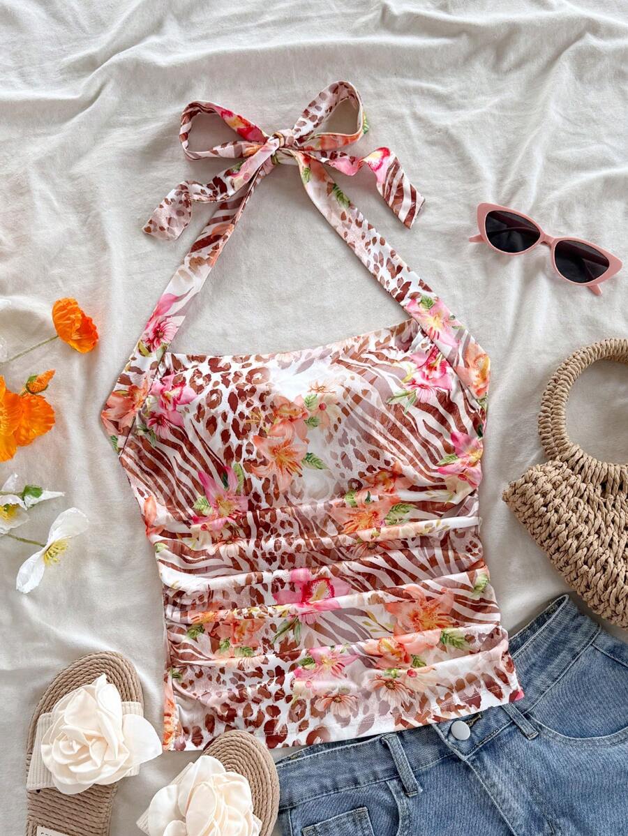Soleia Top de punto estampado con flores tropicales y estampado de leopardo, de colores alegres, para vestir de vacaciones en primavera/verano, para mujer - Multicolor - Ver 1