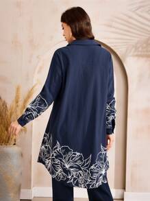 Al Najma Áo sơ mi Ả Rập dài tay in hoa giản dị, màu xanh navy - Màu xanh hải quân - Xem 2