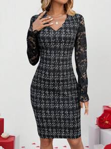 EMERY ROSE Vacation Outfits Woman  Lace Patchwork Long Sleeve Ruffle Hem Fitted Mini Dress - Black - View 3