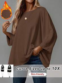 SHEIN CURVE+ Áo thun gia đình rộng rãi thoải mái dài tay cỡ lớn cho nữ - màu nâu - Xem 1