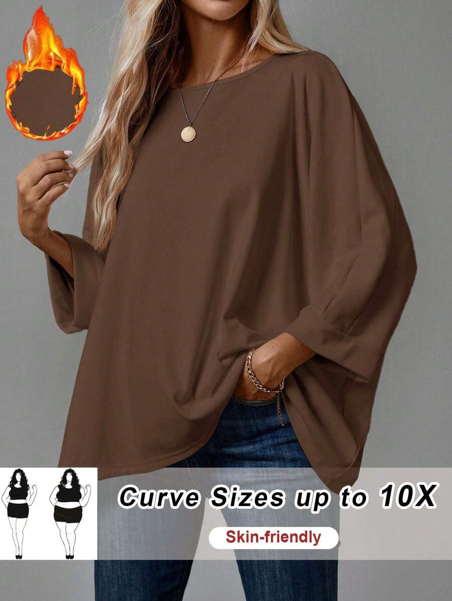 SHEIN CURVE+ Áo thun gia đình rộng rãi thoải mái dài tay cỡ lớn cho nữ - màu nâu - Xem 1