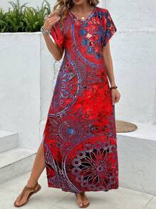 EMERY ROSE 女式复古花卉印花 V 领蝙蝠袖休闲夏季连衣裙长款女式连衣裙长裙 - 紅色 - 查看 3
