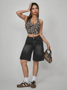 SHEIN PETITE 女士前扣口袋简约宽松休闲牛仔短裤 - 黑色 - 查看 3