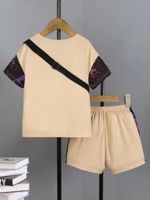 2pcs Young Boy Graffit& Digital Print Patchwork T-Shirt & Shorts Set