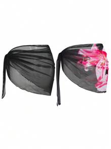 Swim Oasis 2pcs Spring Break Placement Print Mesh Beach Cover Up Dress Set For Summer Beach Vacation