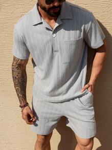 Manfinity Homme 2 件大码男士前扣短袖口袋休闲上衣和短裤套装