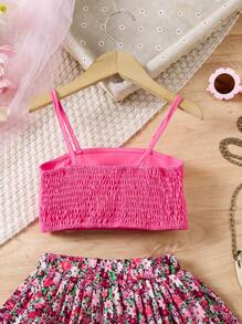 SHEIN Young Girl Solid Color Spaghetti Strap Bowknot Decor Minimalist Top And Skirt 2pcs Set - Pink - View 7