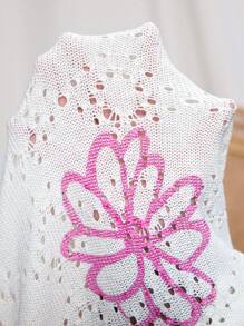 SHEIN LUNE Plus Size Flower Pattern Crew Neck Short Sleeve Casual Pullover Sweater Rose Red Printed Hollow Woolen Short Top, Festival Woolen Plus Size Women Clothes Festival Bohos Clothes Festival Bohos Plus Size Summer Outfits For Women