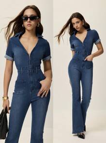 Poéselle 女式有领短袖拉链前口袋休闲牛仔连体裤 - 霧霾藍 - 查看 4