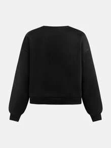 SHEIN Tween-Mädchen 3-teiliges Set Locker sitzendes Sweatshirt mit Rundhalsausschnitt und Buchstabengrafik, Hose aus PU-Leder und dicke Weste mit Stehkragen, lässig und warm - Schwarz - Übersicht 6