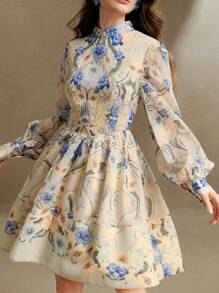 Anewsta 春夏新款女式花卉印花泡泡袖立领短袖波西米亚风花卉连衣裙 - 彩色 - 查看 6