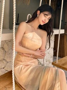 DAZY Women Solid Color Spaghetti Strap Split Hem Printed Casual Dress Sundress - Coral Orange - View 7