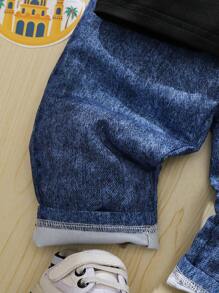 Camiseta negra con gráfico de luna para bebés niño y pantalones de efecto jean, conjunto casual para juegos al aire libre o eventos, de moda y versátil - Multicolor - Ver 6