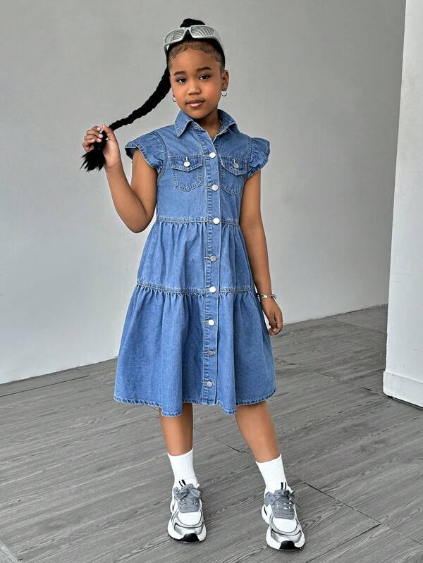 Teen Girls' Sleeveless Frill Trim Fitted Denim Dress, Simple And Fashionable, Light Blue