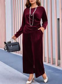 EMERY ROSE Conjunto de dos piezas de ropa de invierno para mujer tallas grandes, con top morado elegante plisado y pantalón con bolsillos