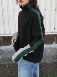 FRIFUL Women Plain Color Patchwork Stand Collar Long Sleeve Casual Sweater,Fall Clothes