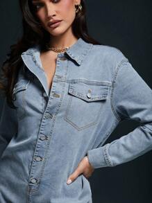 Denimoi Women Front Button Long Sleeve Pocket Casual Jumpsuit For Everyday Wear - Medium Wash - View 5