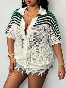 SHEIN CURVE+ Plus Size Women's Casual Green & White Knit Short Sleeve Shirt, Knitted Blouse Top, Suitable For Valentine's Day Winter Fall Autumn - Multicolor - View 4