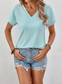 EMERY ROSE 女士 V 领短袖休闲宽松 T 恤 - 藍色 - 查看 3