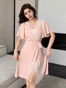 DAZY Women's Short Sleeve Lace Patchwork Ruffle Sleeve Sleepwear Robe