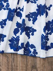 SHEIN Teen Girls Floral Print Puff Sleeve Shirred Dress - Blue and White - View 6