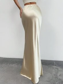 SHEIN Privé Nueva falda larga plisada de cintura de silueta de sirena con cuello en U color albaricoque, elegante y romántica para citas, primavera/verano