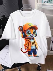 1pc Tween Boys' Cute Tiger Graphic With Earphone Print Short Sleeve T-Shirt, Spring/Summer