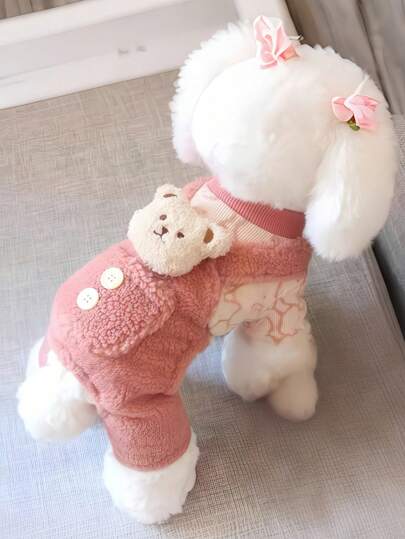 Suitable Thermal Lined Pet Jumpsuit With Bear Strap Design, Button Style, Thick Warm Pet Clothes For Cats And Dogs, Autumn/Winter