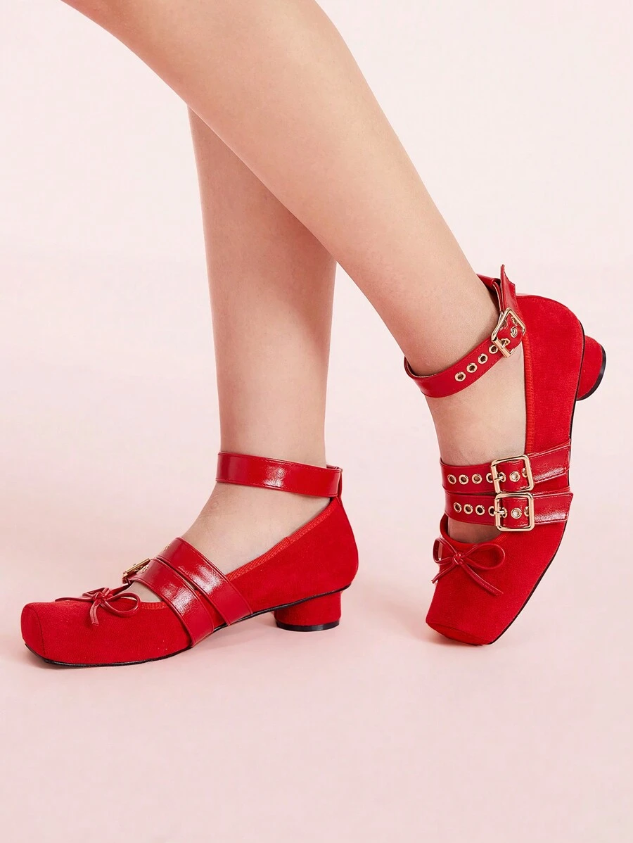 CUCCOO DOLLMOD Women's Bowknot Perforated Mary Jane Strap Buckle Square Toe Chunky Low Heel Punk Style Red Faux Suede Vegan Leather High Heel Pumps, Cute Personalized Street Fashion Valentine's Day - Red - View 1