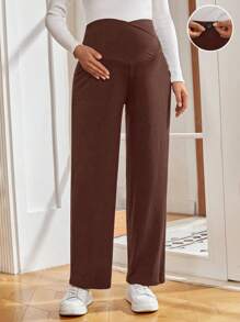 SHEIN Maternity Solid Color Adjustable Waist Straight Leg Loose Casual Pants - Brown - View 1
