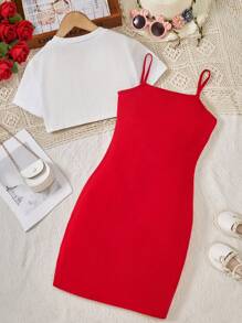 Tween Girl "NOPE" Print White Cropped T-Shirt & Red Slip Dress 2 Pieces Set - Multicolor - View 2