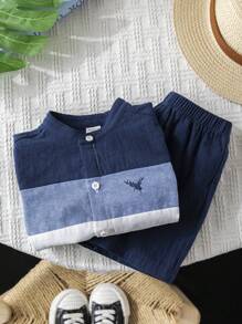2pcs Baby Boy Summer Colorblock Polo Collar Short Sleeve Cardigan Top And Solid Elastic Waist Shorts Set, Casual School Style Suitable For Outings, Home, And School - Blue and White - View 3