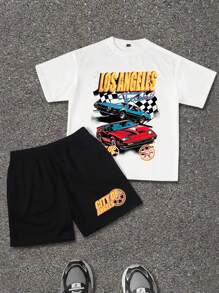 Manfinity Roghcode Men's Letter & Car Print Round Neck Short Sleeve Casual T-Shirt & Drawstring Waist Shorts 2 Pieces Set