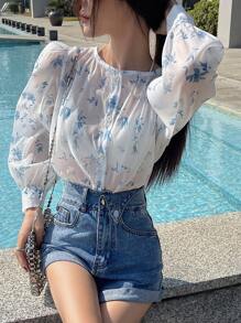 DAZY Women's Floral Print Loose Siamese Style Shirt,Fall Women Clothes Long Sleeve Top - Blue - View 4