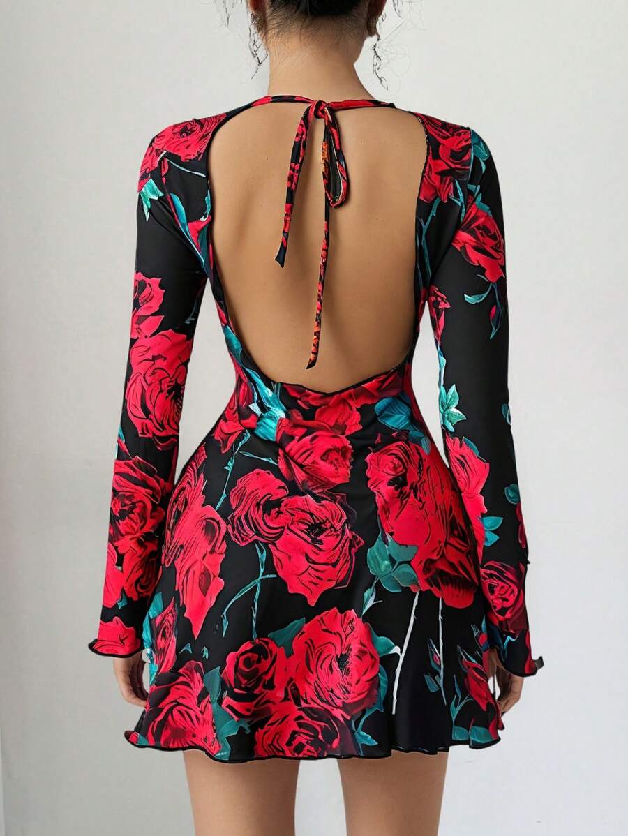Firerie 女士优雅浪漫时尚通勤性感优雅风格连衣裙，适合派对、圣诞派对、度假、返校、浪漫约会和婚礼生日，紧身红色花卉印花露背连衣裙 - 彩色 - 查看 1