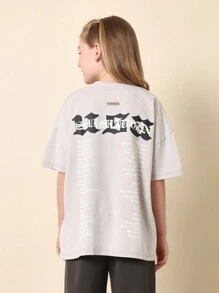 SUMWON Tricou statement supradimensionat, font gotic, urban, streetwear, nume de orașe, imprimeu pe spate, grafic, mânecă scurtă, casual, baggy, tricou, modă pentru adolescenți, stil Tumblr - Gri - Vizualizare 1