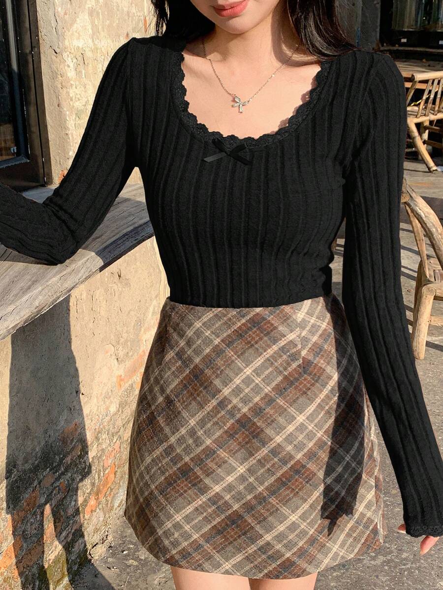 DAZY 女式纯色圆领长袖 T 恤，秋季女装 - 黑色 - 查看 1